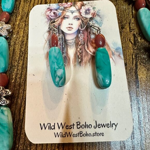 Turquoise‎ Feather Southwestern Boho Multi Necklace and Earrings Set - Picture 11 of 11